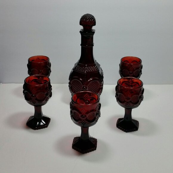 Avon 1876 Cape Cod Ruby Red Decanter and 5 Wine Goblet Set Sherry Cordial - Picture 1 of 10